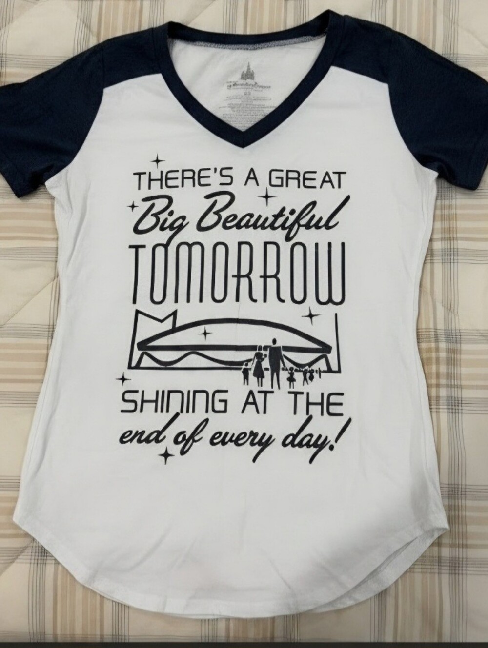Big Beautiful Tomorrow Womens V‑Neck Tee - White with Black Print